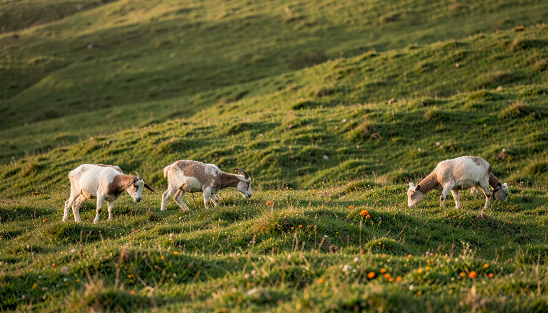 A small herd of dairy goats grazing on a green hillside pasture under soft morning light, earthy tones
