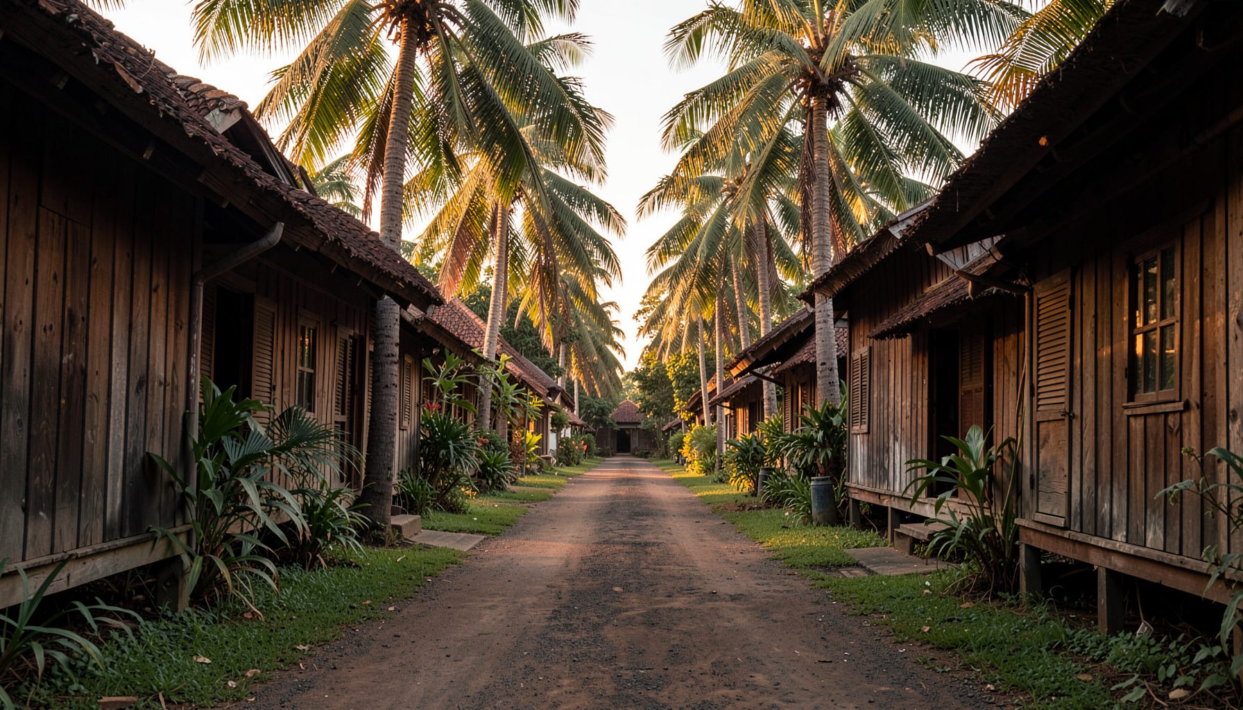 A quiet village lane lined with traditional wooden houses and lush tropical greenery, warm morning light filtering through tall coconut palms, earthy browns and deep greens dominating the scene.