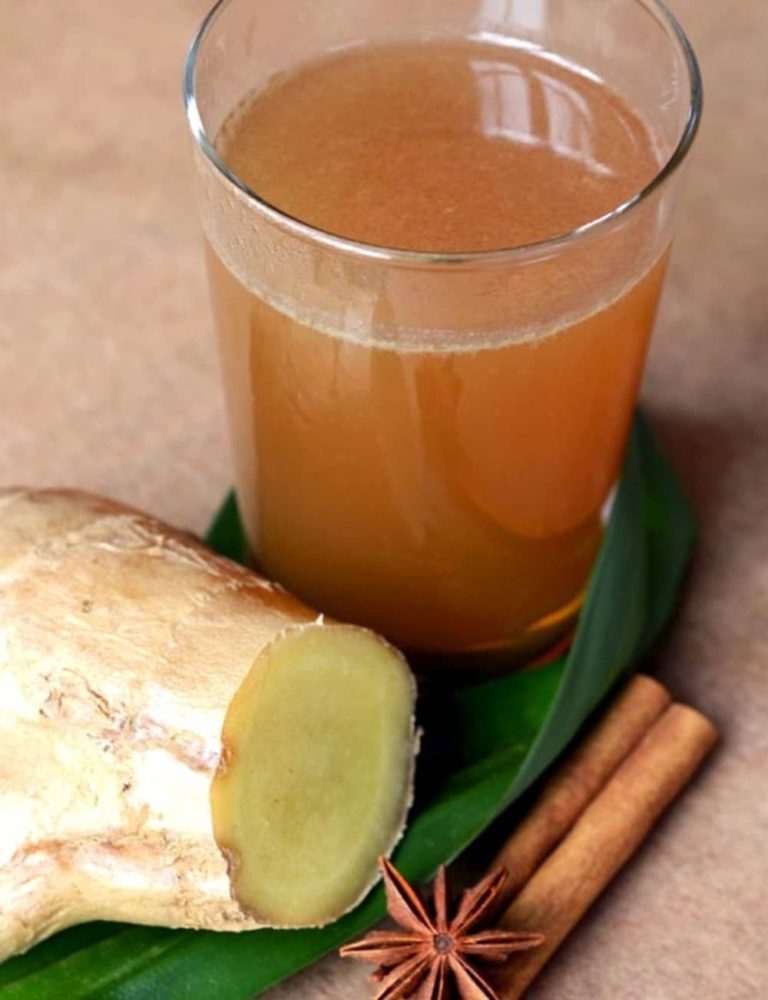 A glass of amber-colored spiced drink beside fresh ginger root, cinnamon sticks, star anise, and a green leaf on a tan surface, warm earthy palette
